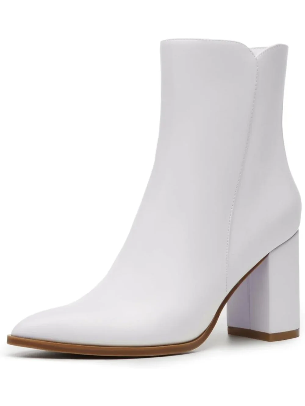 Women's White 3.4-Inches Block Heel With Side Zipper Chunky High Heel Ankle Boot